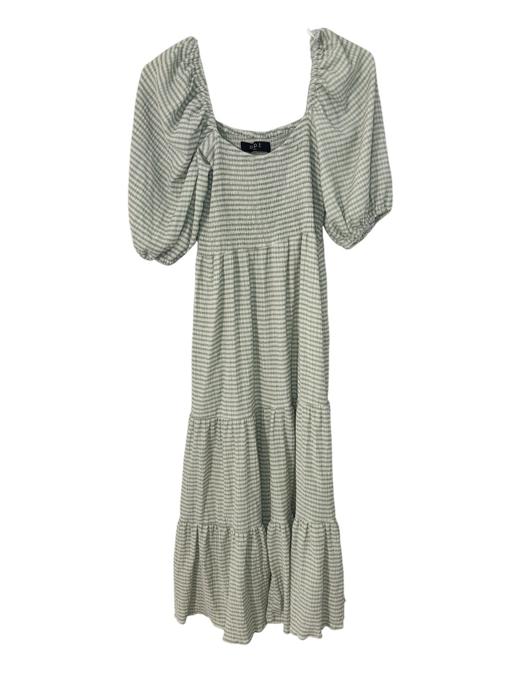O.P.T. Green Gingham Smocked Puff Sleeve Midi Dress M